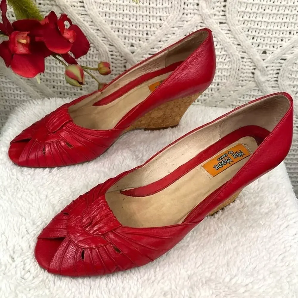 MIZ MOOZ BY‎ GAZITH Red Leather Peep Toe Cork Wedges Sandals Sz 6 Retro